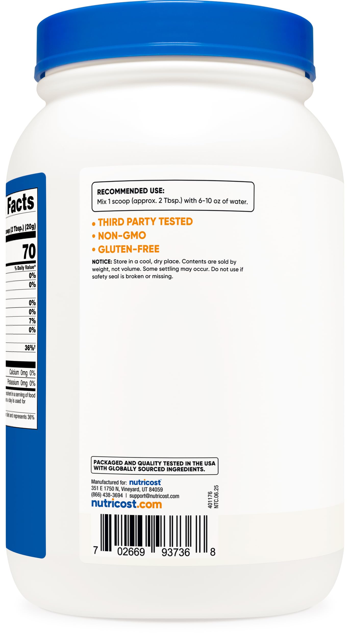 Nutricost Dextrose Powder label highlights NSF and GMP compliance.