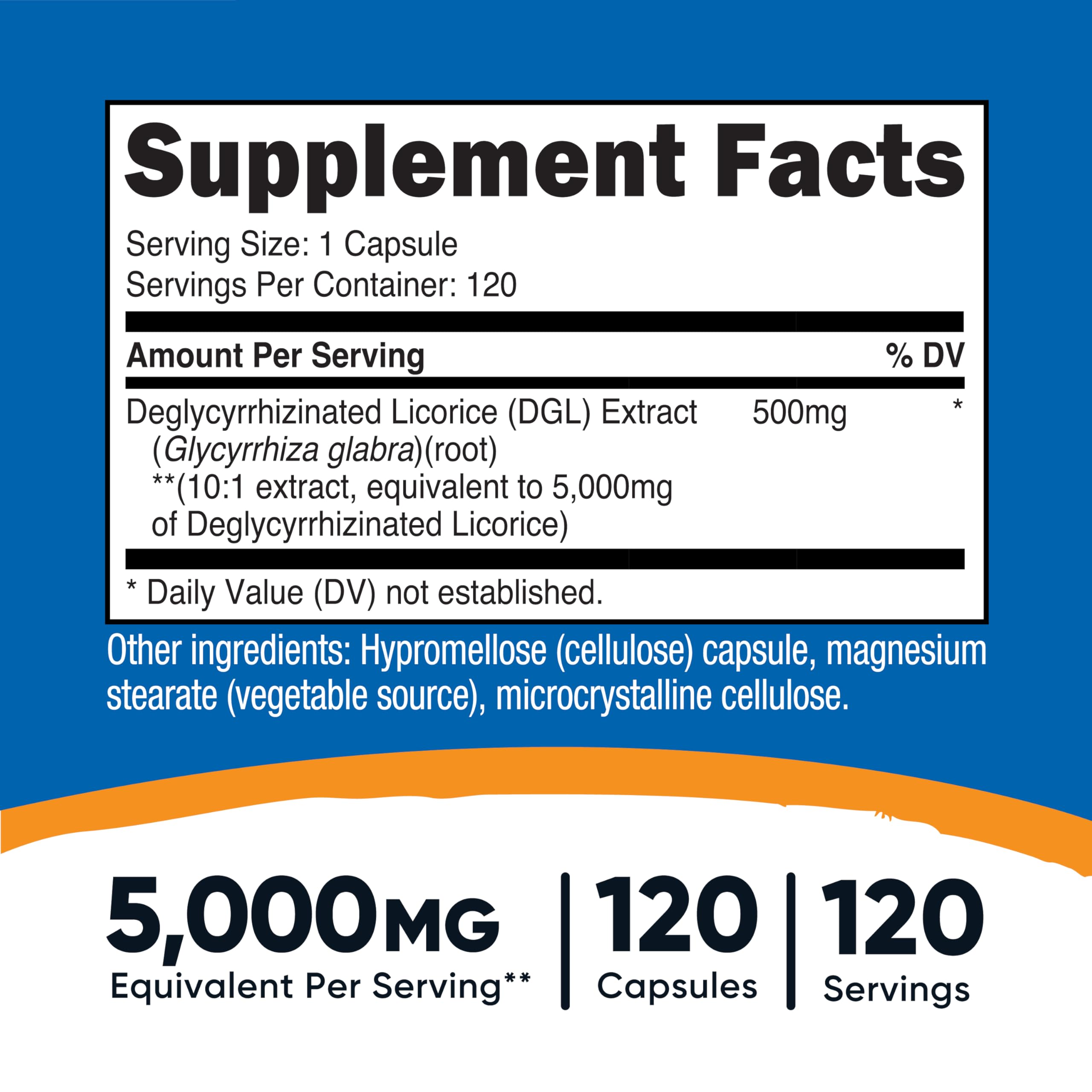 Nutricost DGL bottle label highlights 500 mg per serving and 120 capsules
