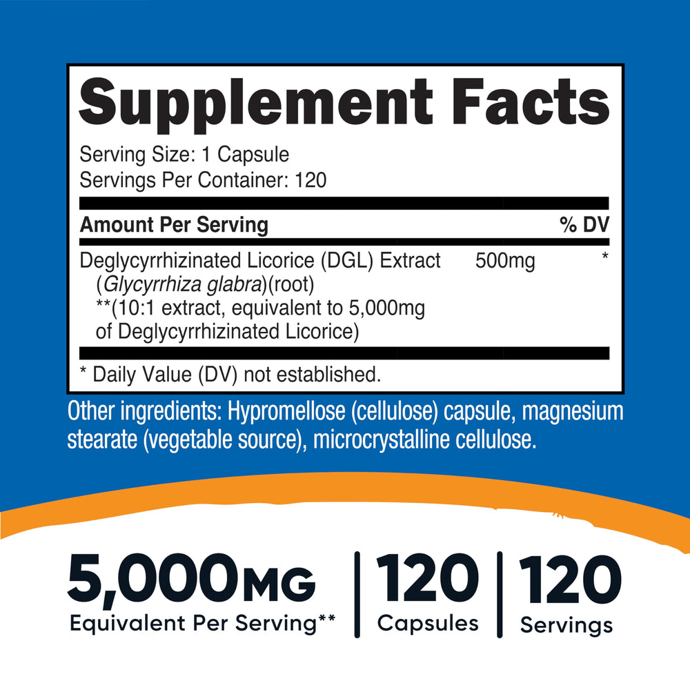 Nutricost DGL bottle label highlights 500 mg per serving and 120 capsules