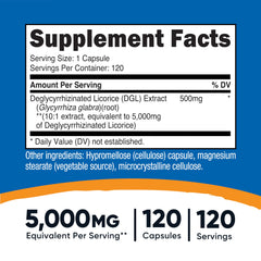 Nutricost DGL bottle label highlights 500 mg per serving and 120 capsules