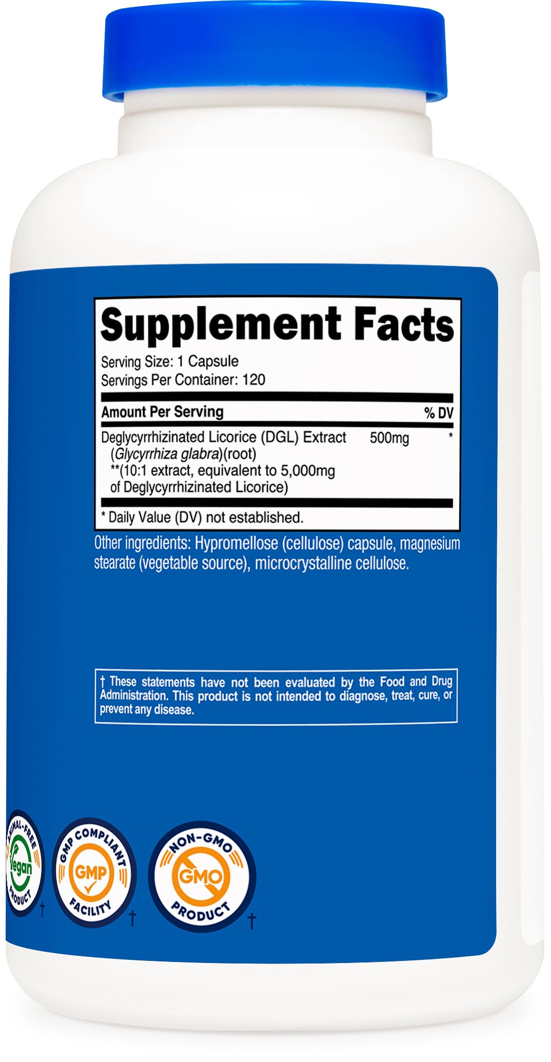 Nutricost DGL packaging shot conveys reliable 120-serving supply