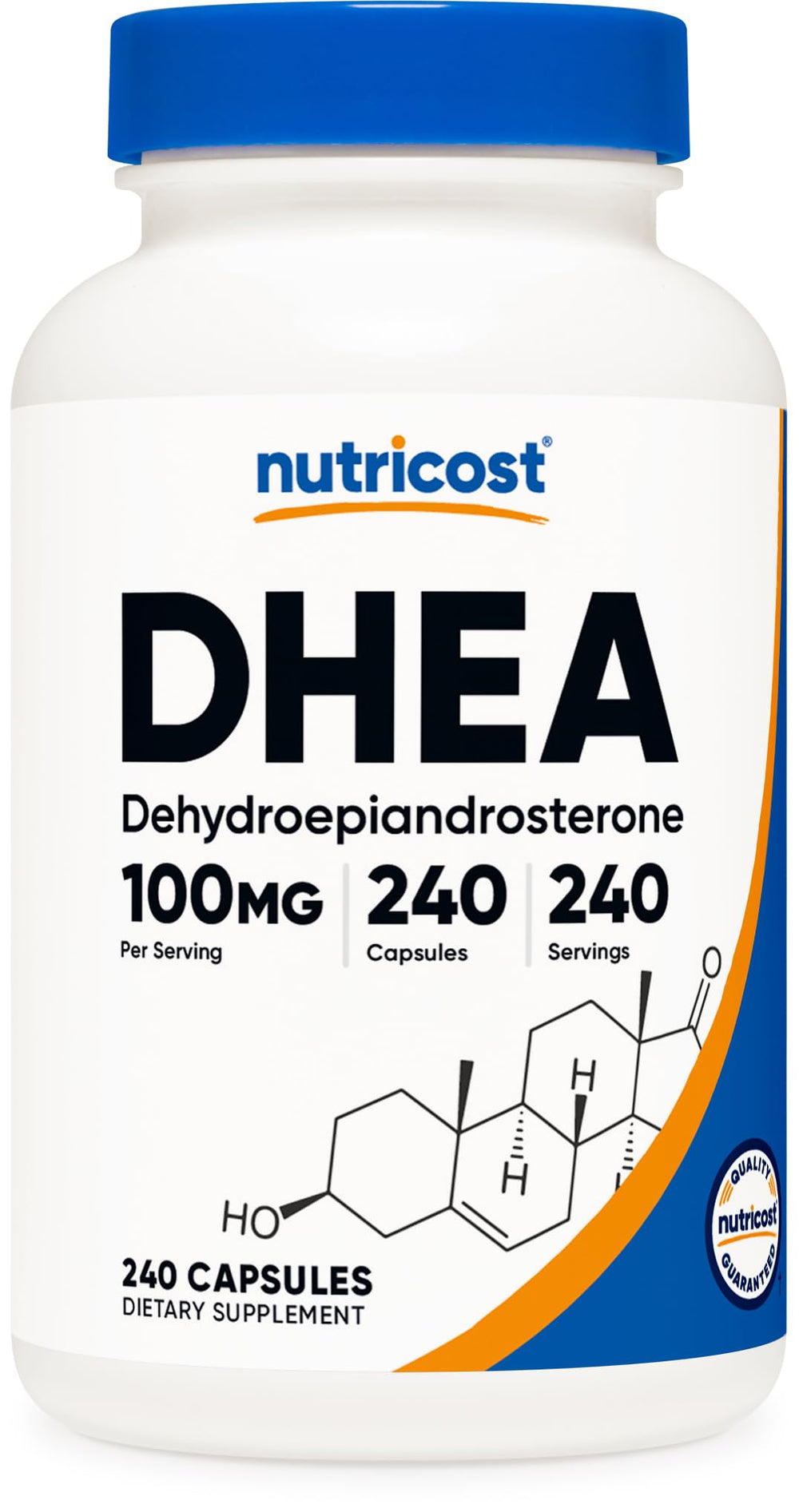 Nutricost DHEA 100mg capsule bottle on shelf for daily wellness routine.