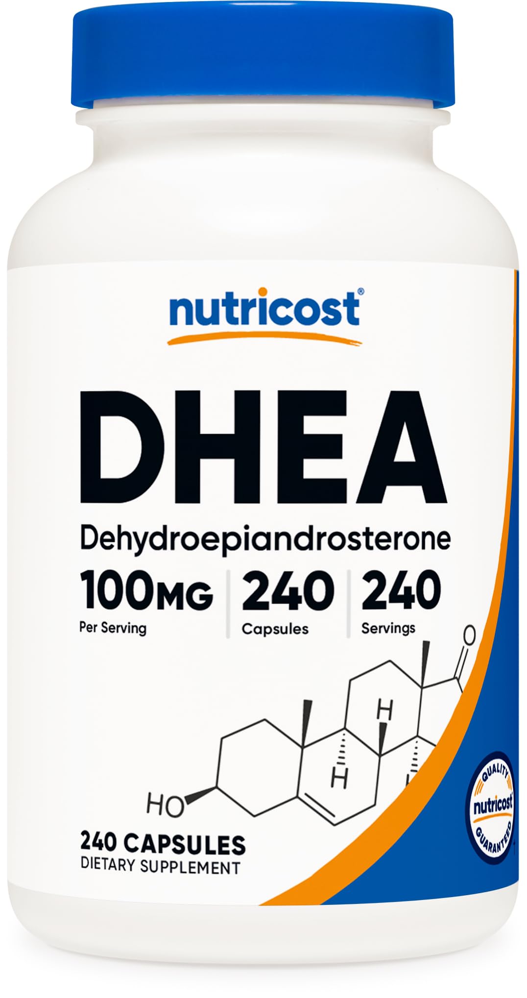 Nutricost DHEA 100mg capsule bottle on shelf for daily wellness routine.