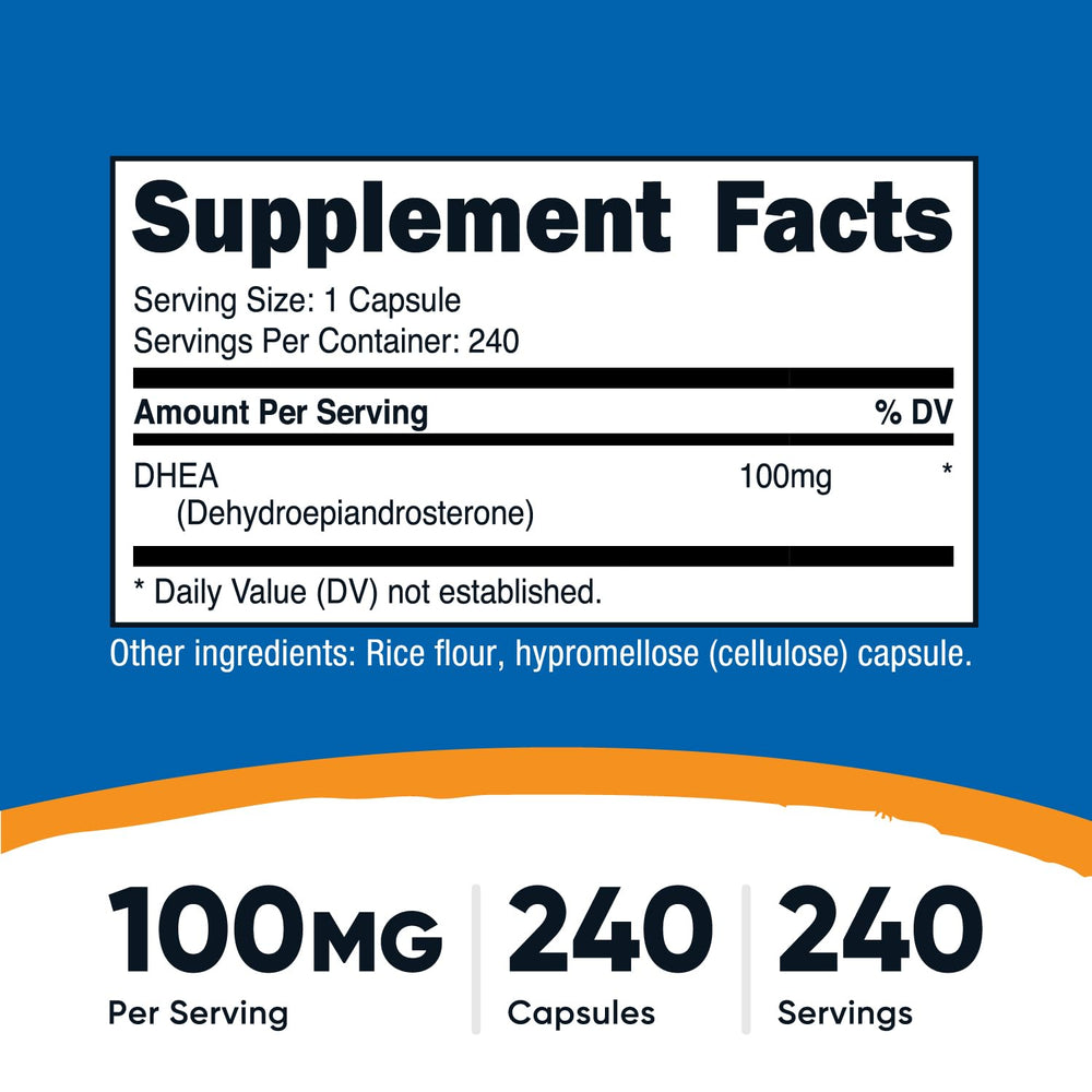 Nutricost DHEA 100mg capsules closeup highlighting quick-release design.