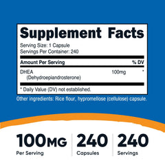Nutricost DHEA 100mg capsules closeup highlighting quick-release design.