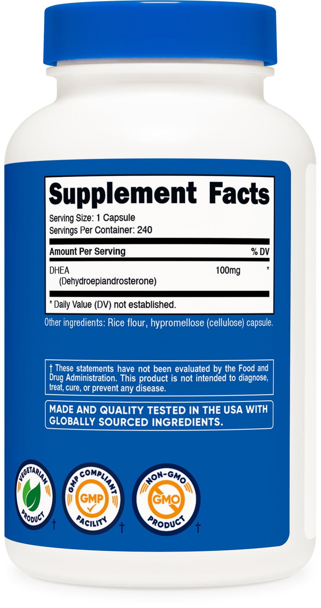 Nutricost DHEA 100mg quick-release capsules ready for a simple morning routine.