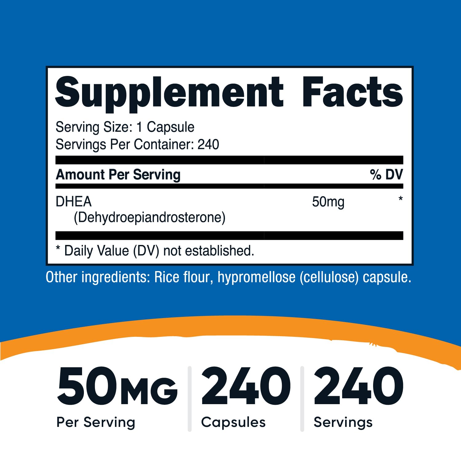 Nutricost DHEA bottle showing 240 capsules for extended use.