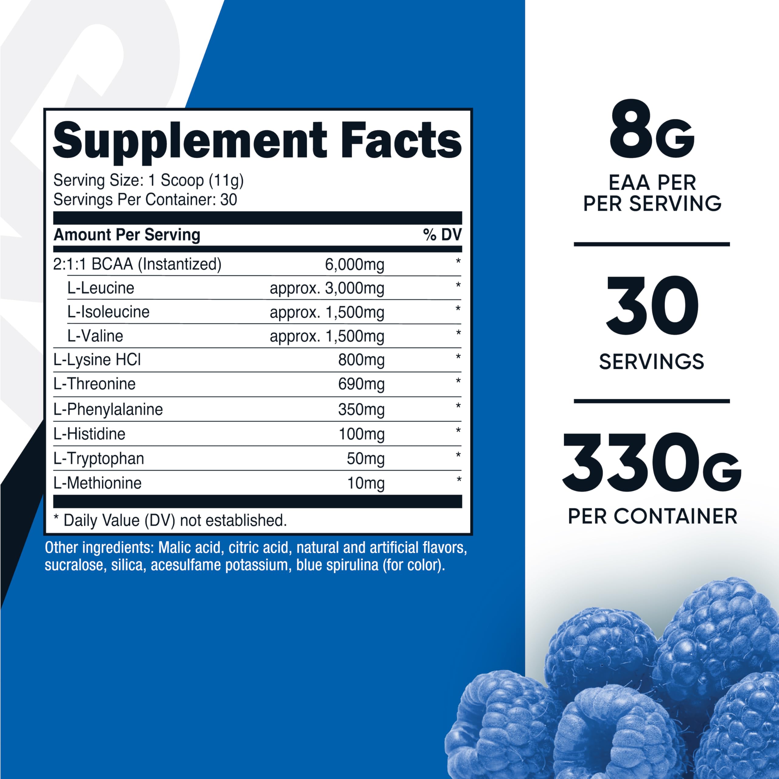 Nutricost EAA blue raspberry scoop beside a glass for mixing