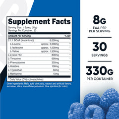 Nutricost EAA blue raspberry scoop beside a glass for mixing