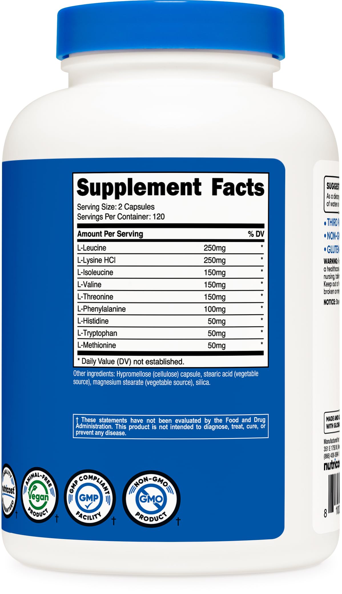 Nutricost EAA bottles with BCAAs demonstrate manufacturing quality and safety testing.