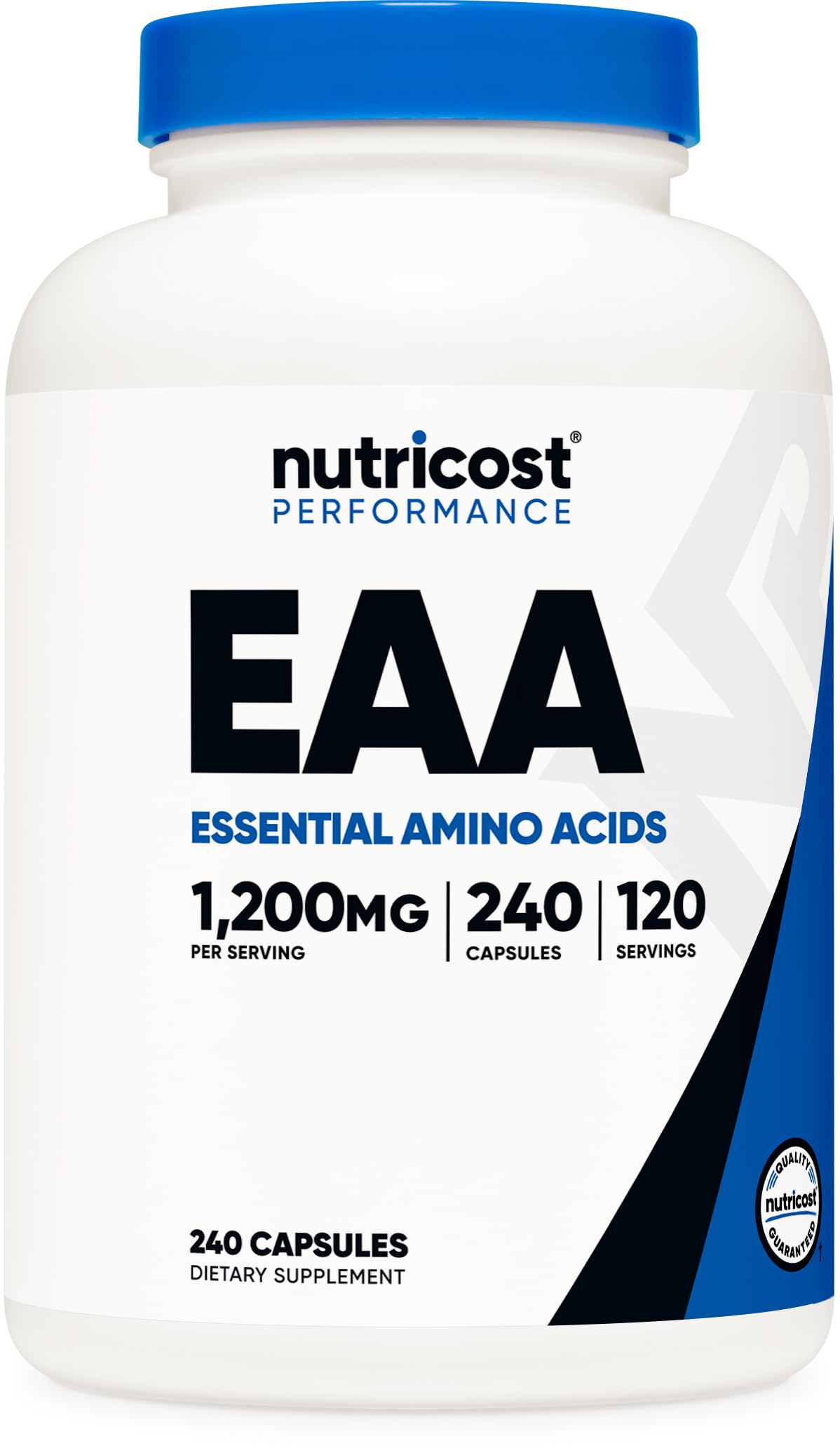 Nutricost EAA capsules bottle closeup highlights 120 servings for vegan athletes.