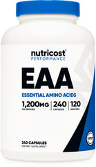 Nutricost EAA capsules bottle closeup highlights 120 servings for vegan athletes.
