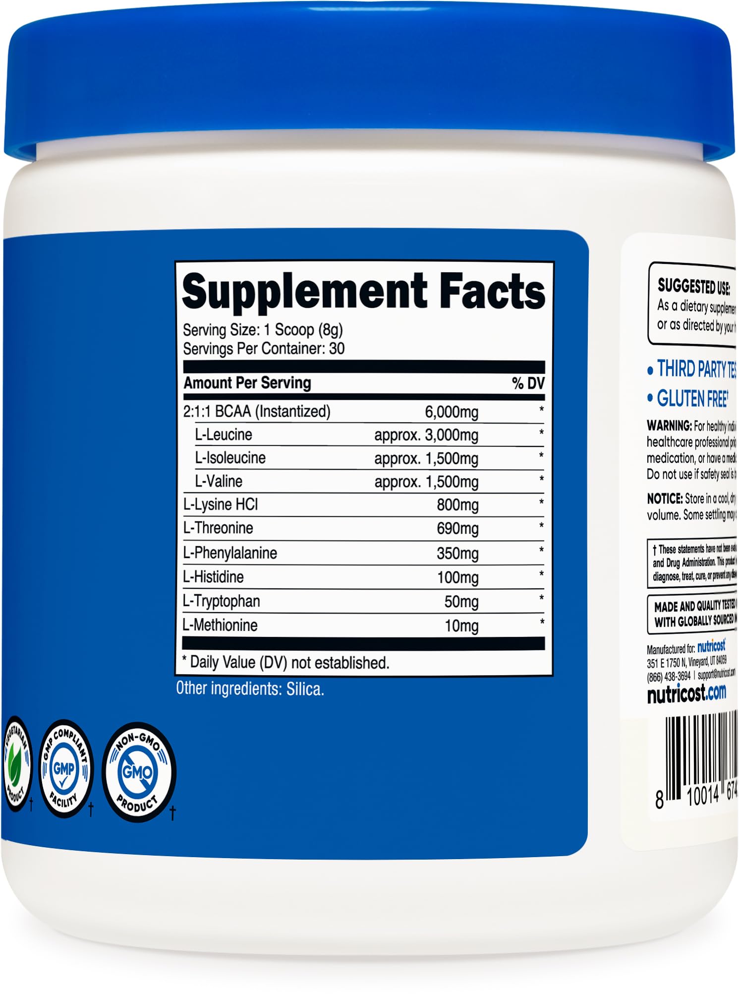 Nutricost EAA Powder unflavored in shaker, versatile with flavored drinks