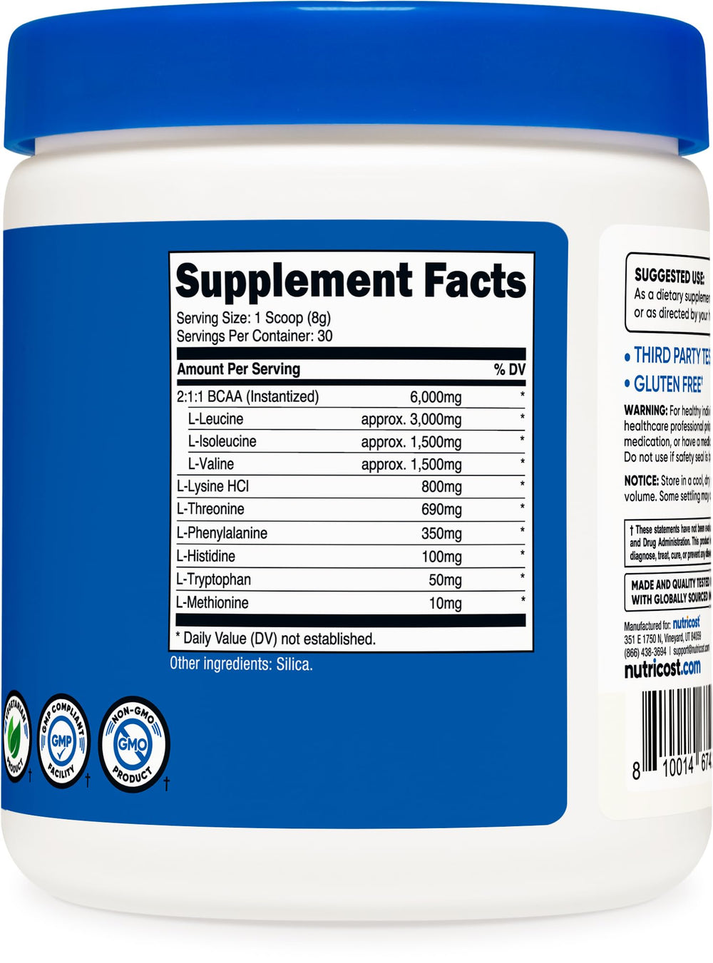 Nutricost EAA Powder unflavored in shaker, versatile with flavored drinks