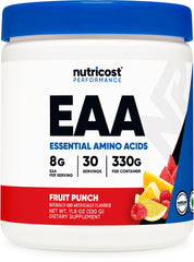 Nutricost EAA Powder Fruit Punch bottle ready for on-the-go amino acid support