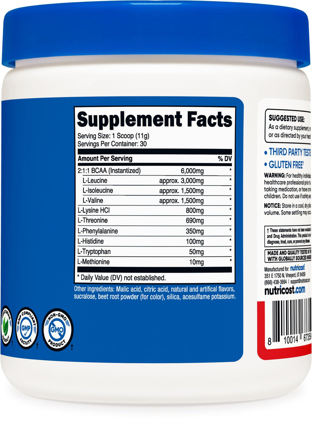 Nutricost EAA Powder Fruit Punch ingredients panel highlights BCAAs and essential amino acids