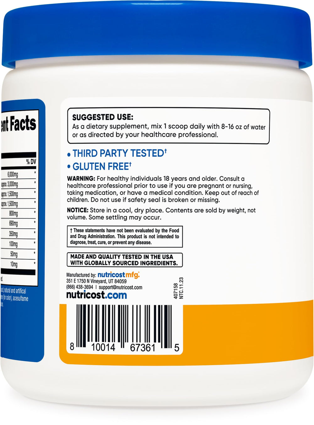 Nutricost EAA Powder Peach Mango canister highlights quality and ingredients