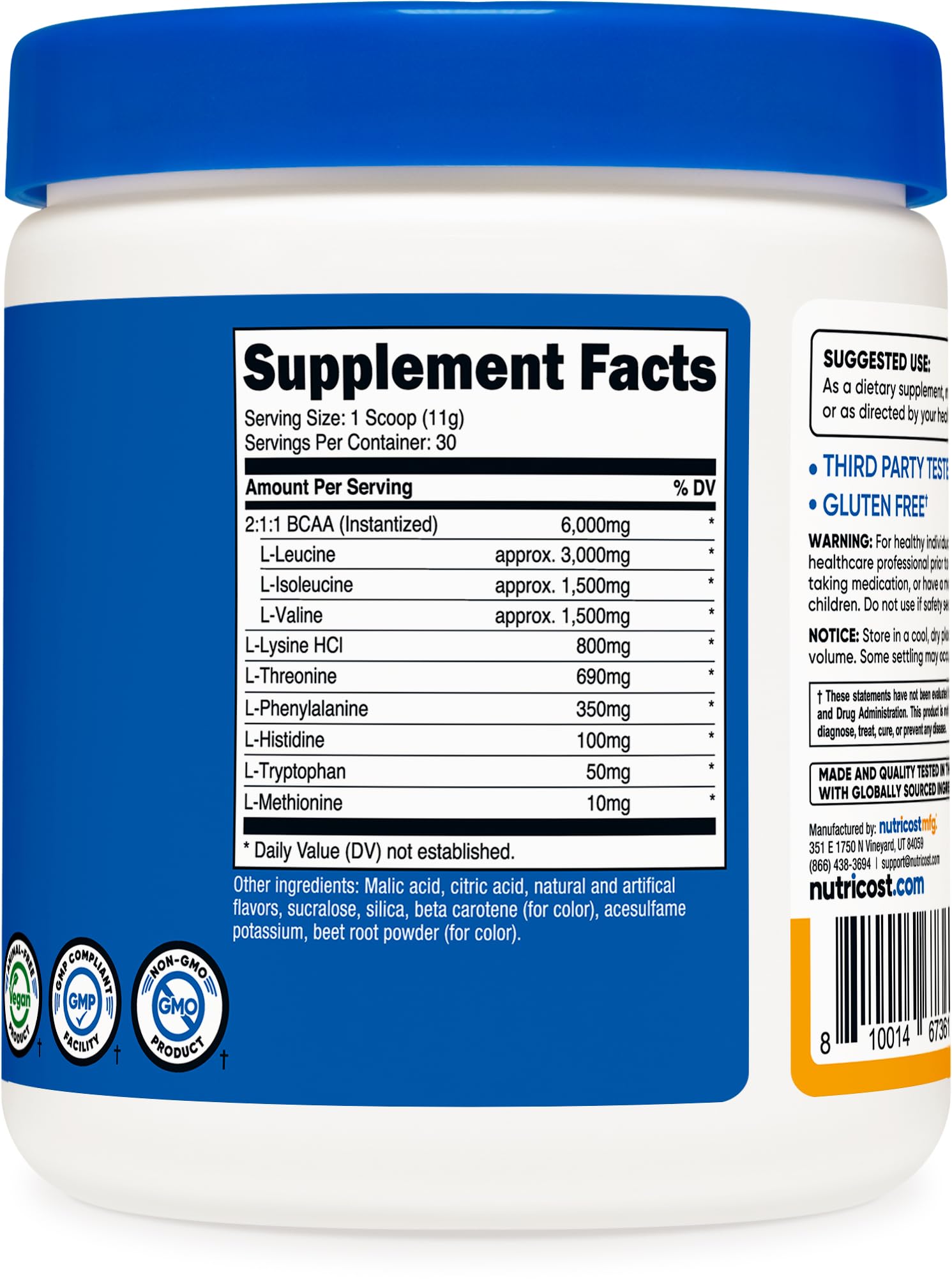 Nutricost EAA Powder Peach Mango ingredients label notes non-GMO and gluten-free