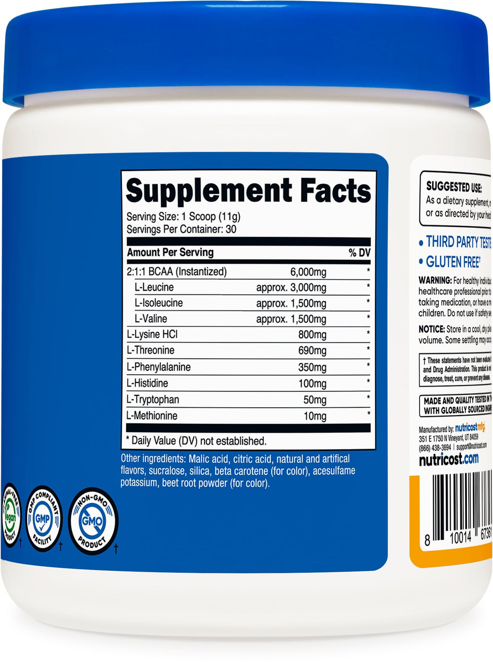 Nutricost EAA Powder Peach Mango ingredients label notes non-GMO and gluten-free