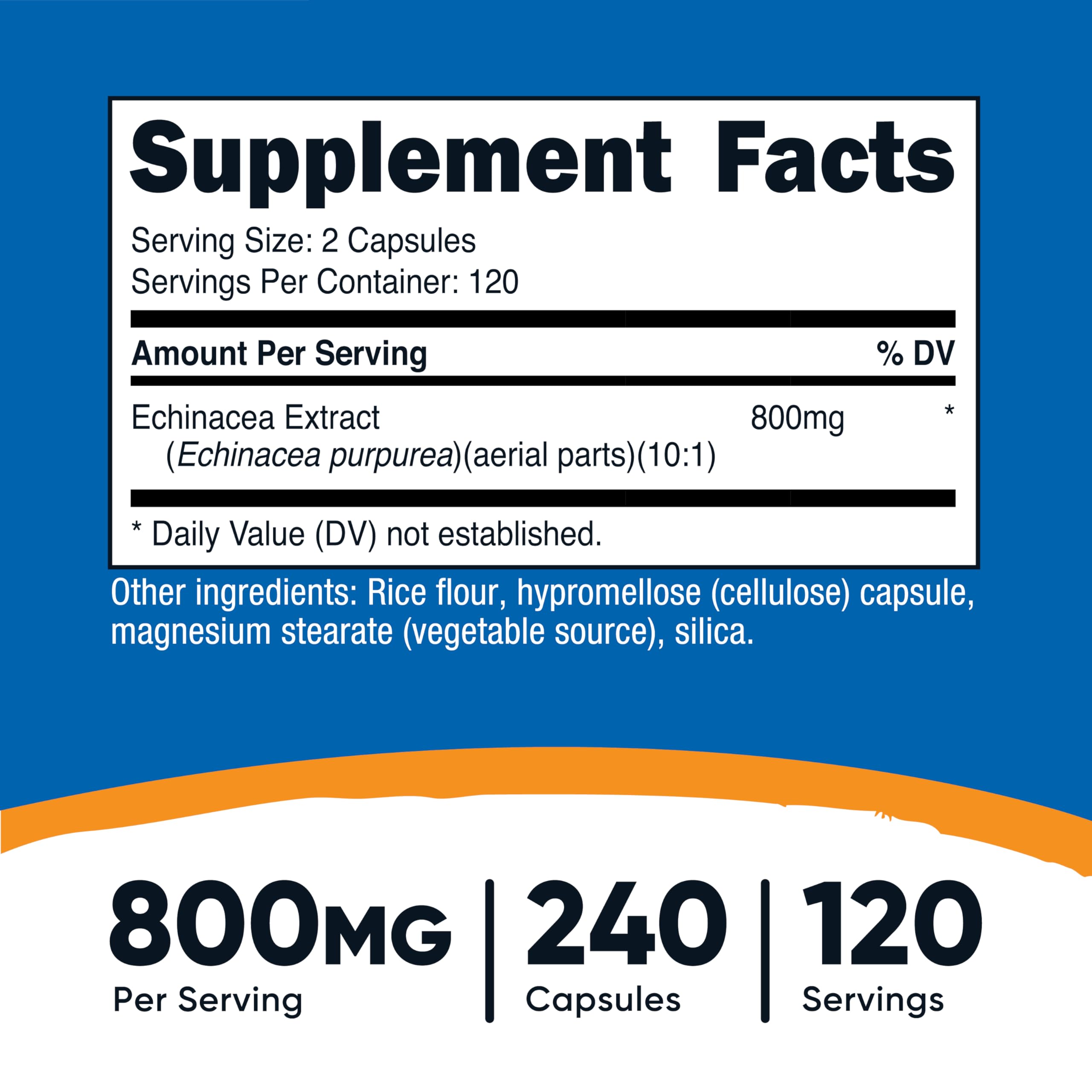 Close-up of Nutricost Echinacea 800mg capsules in vegetarian form.