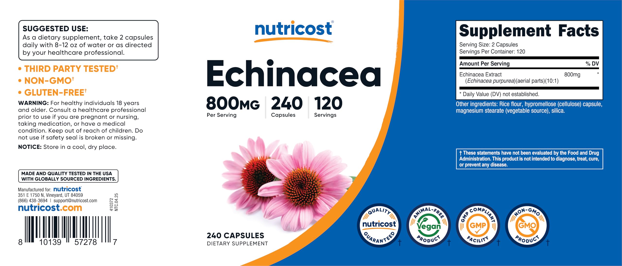 Nutricost Echinacea produced in a GMP-compliant, FDA-registered facility.
