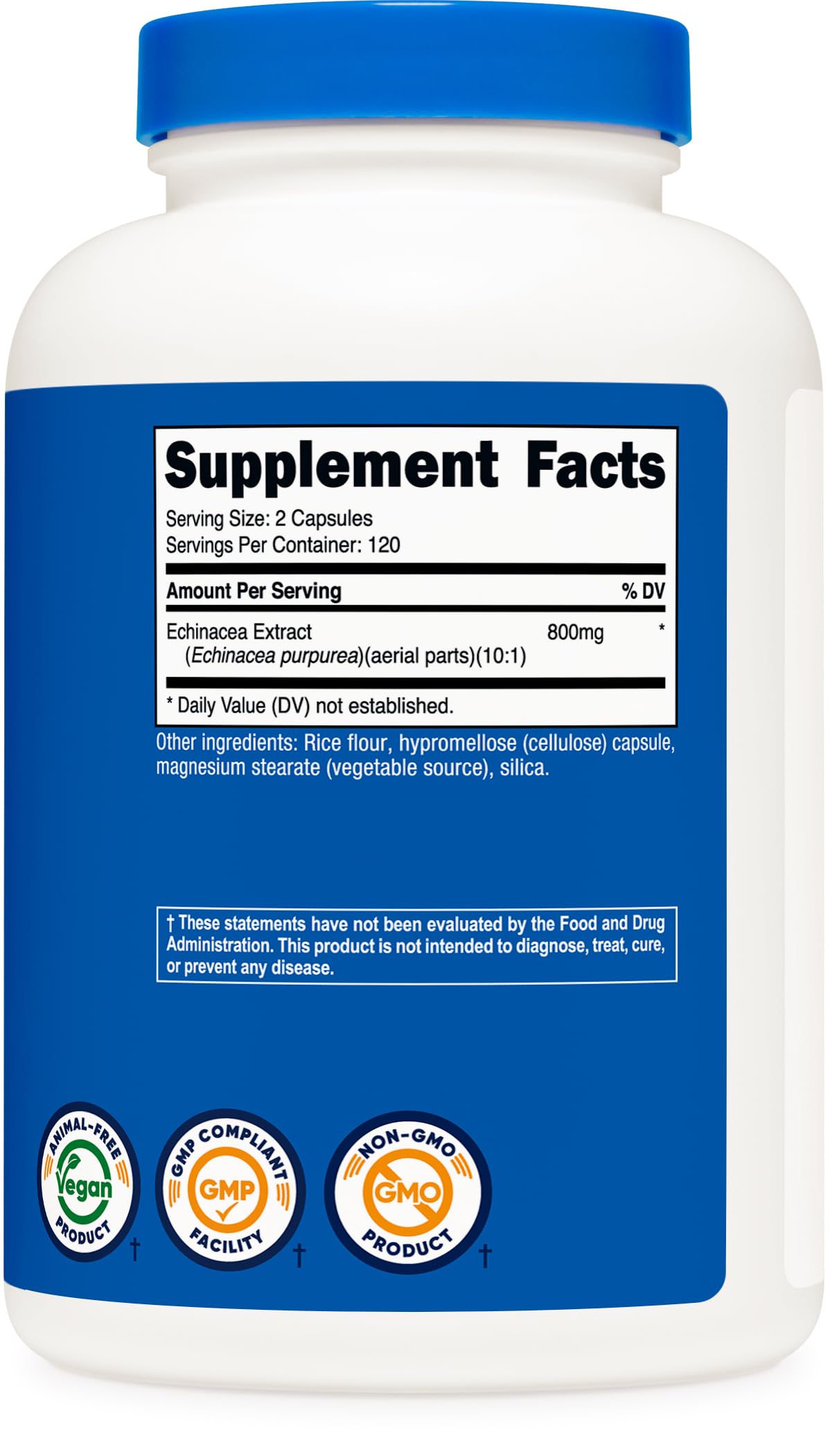 Nutricost Echinacea bottle emphasizing gluten-free and non-GMO certifications.