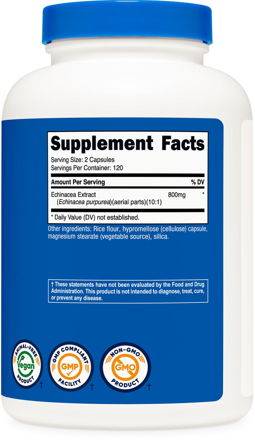 Nutricost Echinacea bottle emphasizing gluten-free and non-GMO certifications.