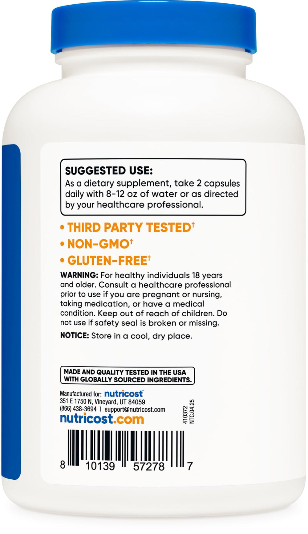 Nutricost Echinacea bottle label highlighting non-GMO and gluten-free status.