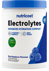 Nutricost Electrolyte Complex tub with blue raspberry powder for daily hydration.