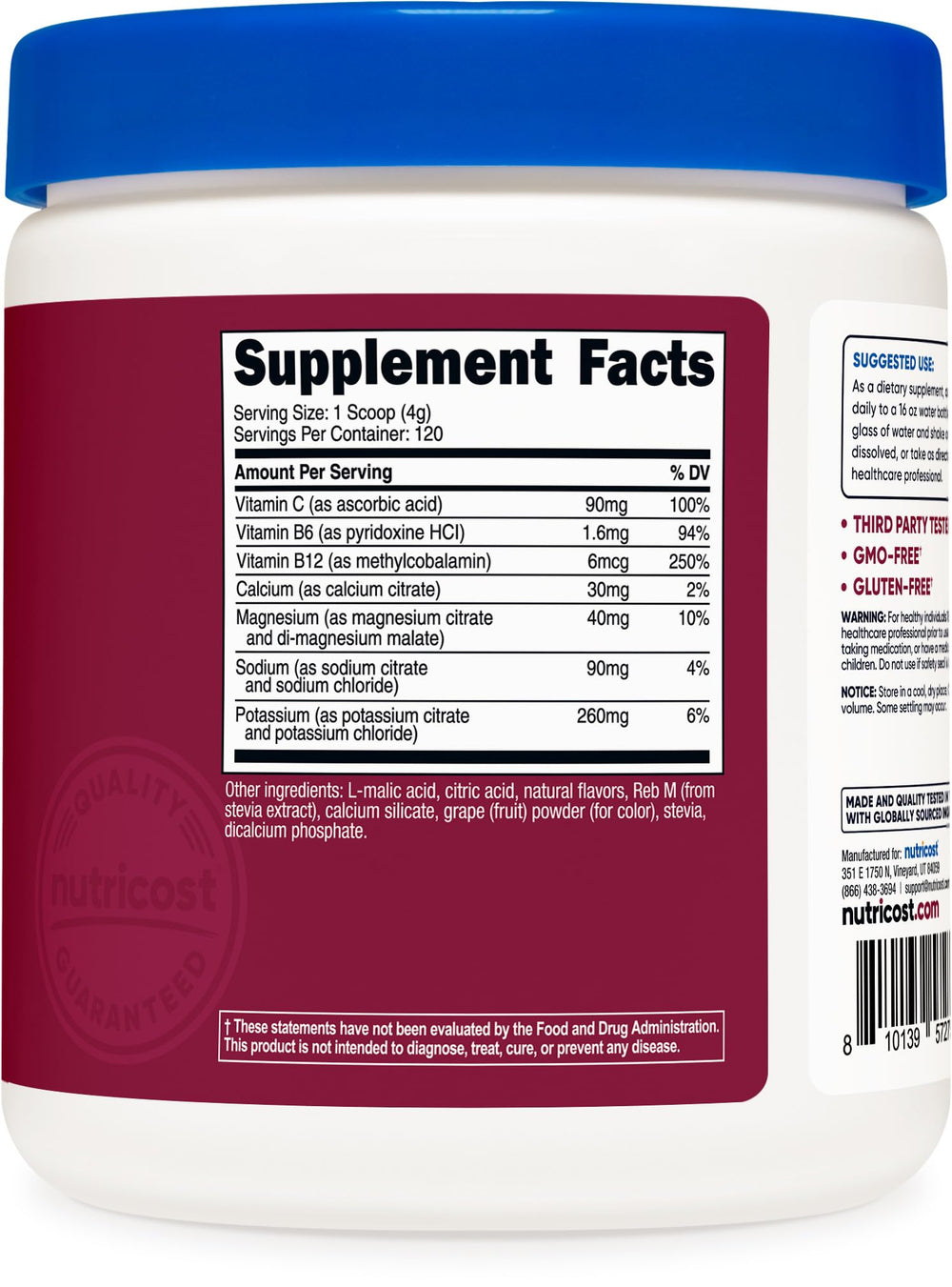 Nutricost Electrolyte Complex grape ingredients label highlighting electrolytes