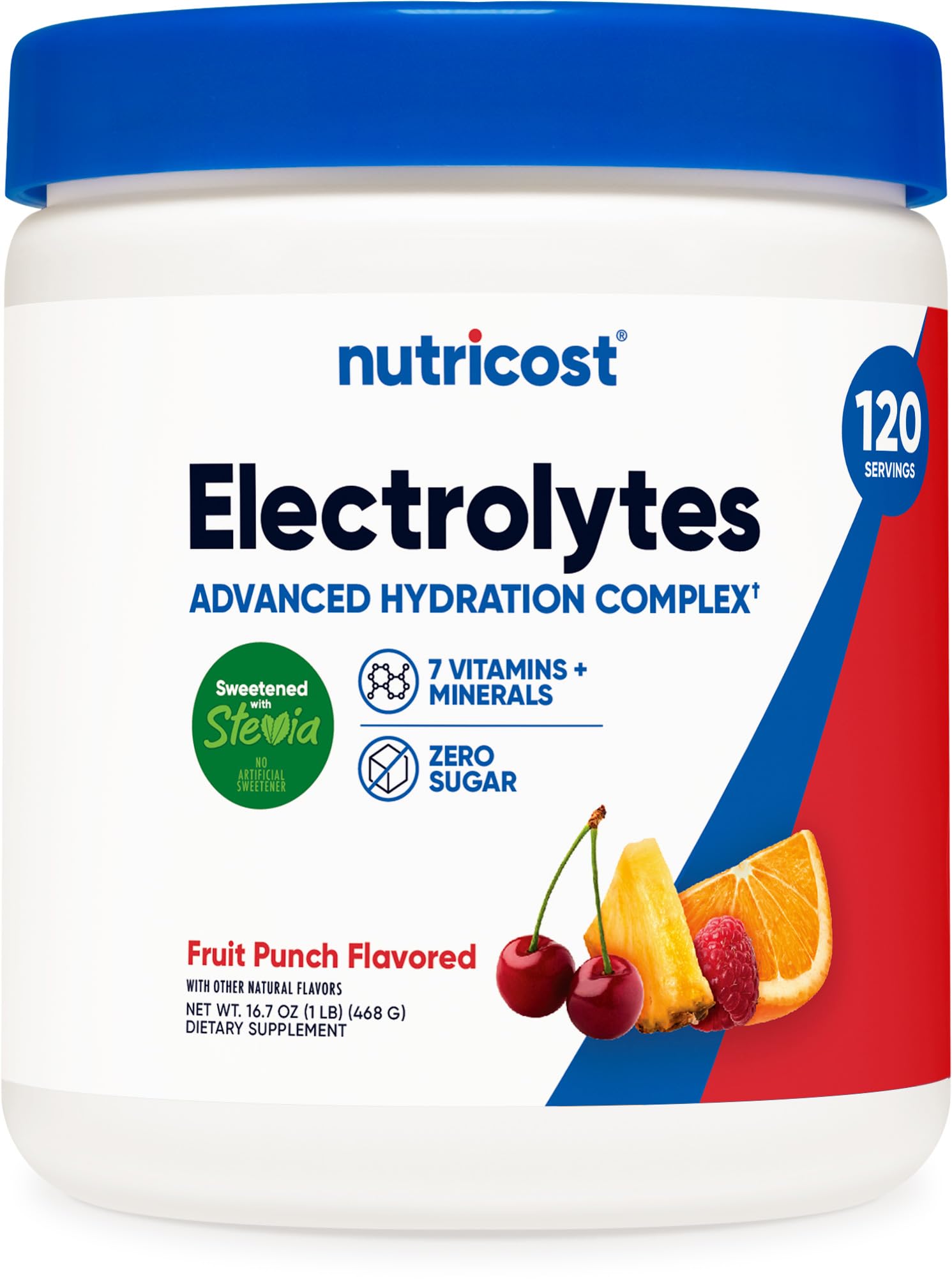 Nutricost Electrolyte Complex Powder Fruit Punch bottle for daily hydration.