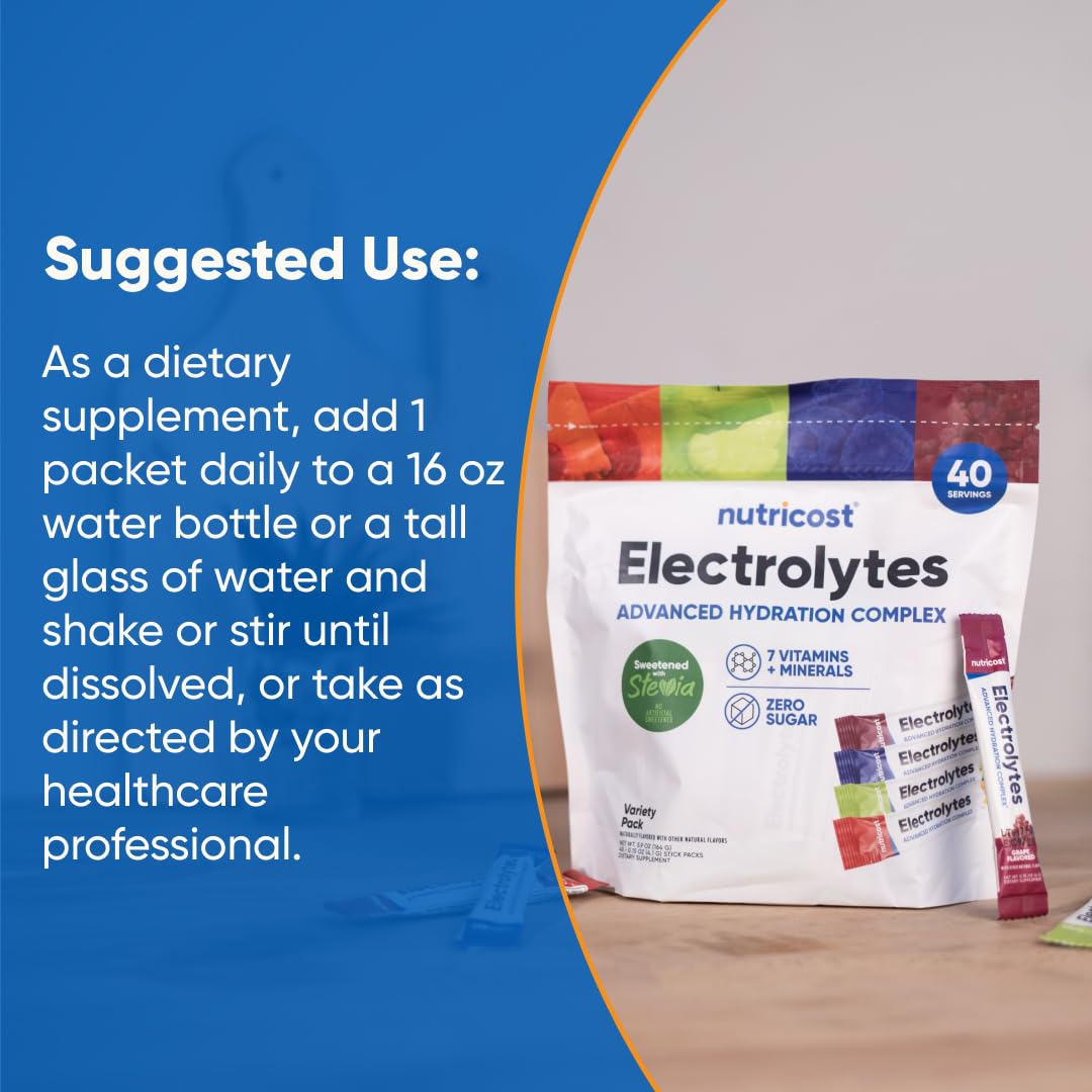 Nutricost Electrolytes 40-stickpacks packaging highlights on-the-go hydration