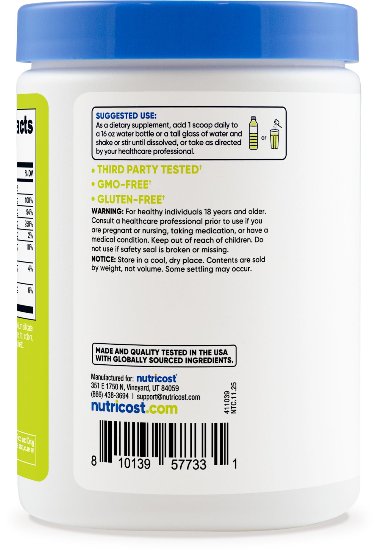 Nutricost Electrolytes Orchard Blast nutrition panel shows essential vitamins