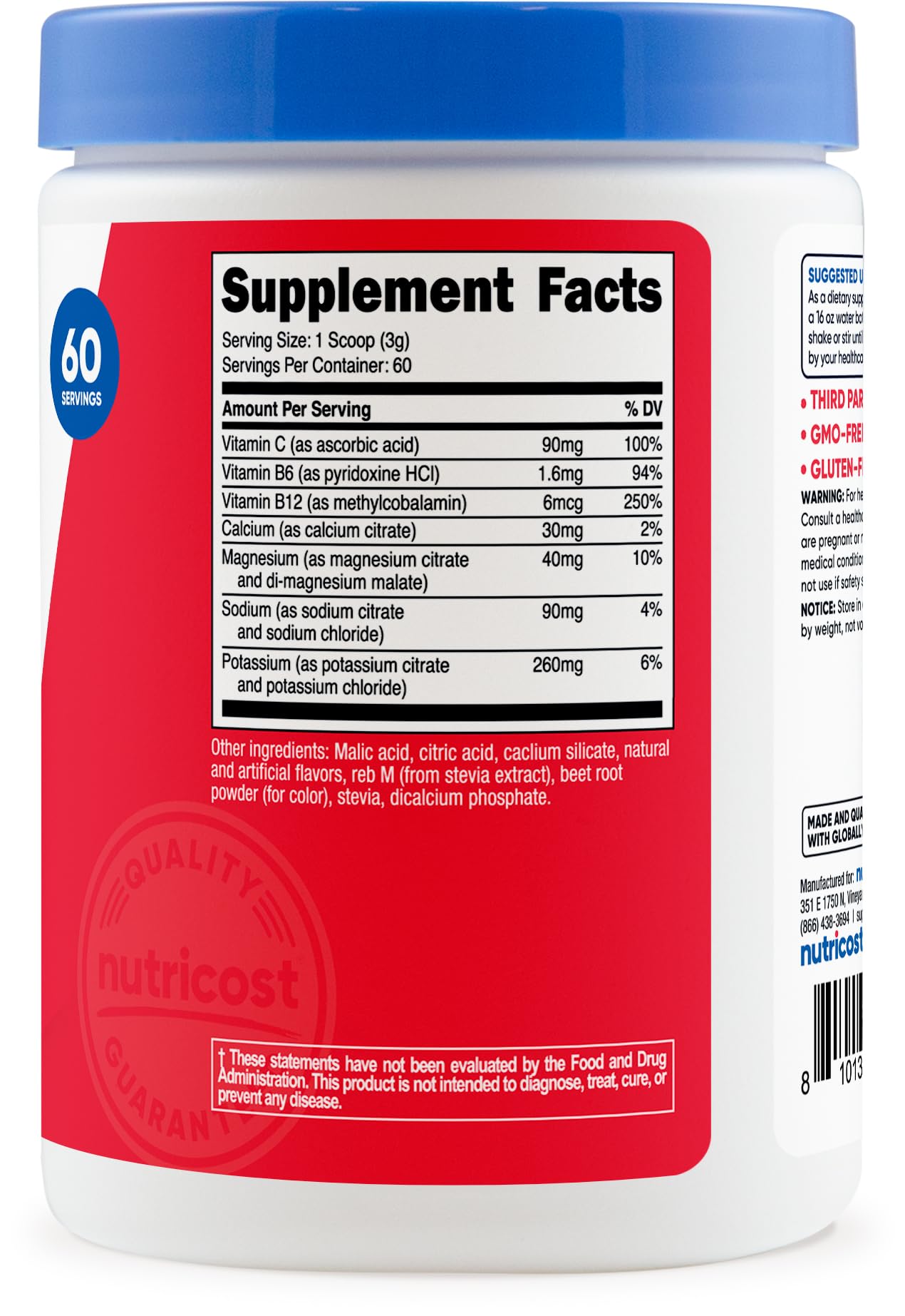 Nutricost Electrolytes Watermelon label confirms gluten-free and GMO-free