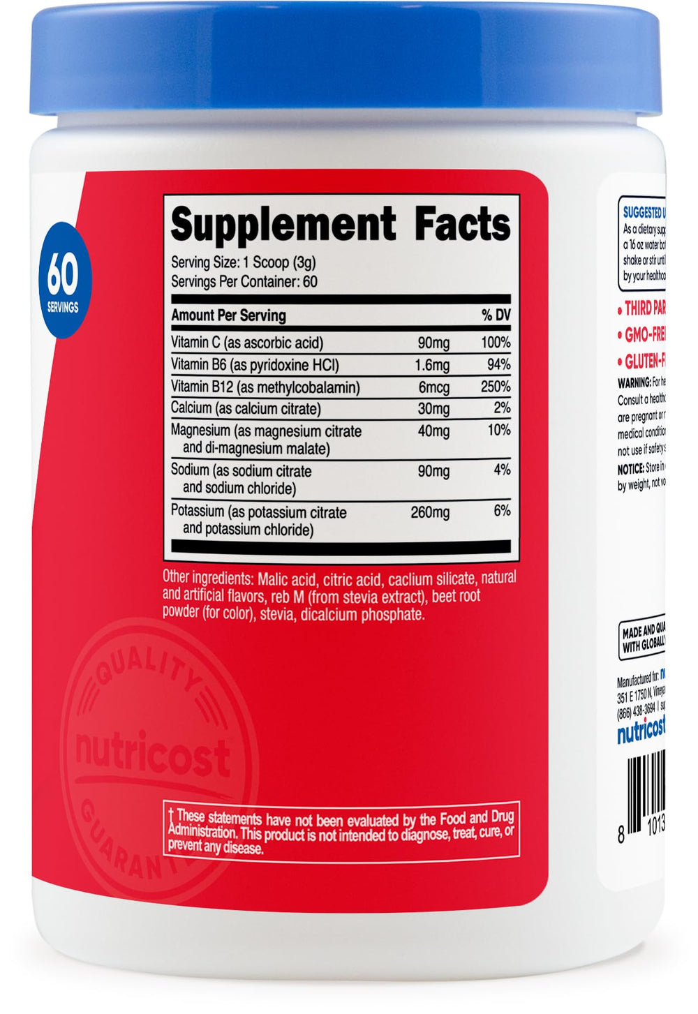 Nutricost Electrolytes Watermelon label confirms gluten-free and GMO-free
