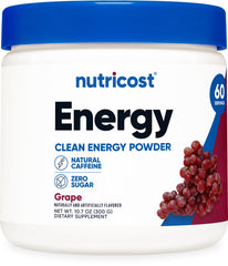 Nutricost Energy Drink Powder grape canister for a refreshing pre-workout boost.