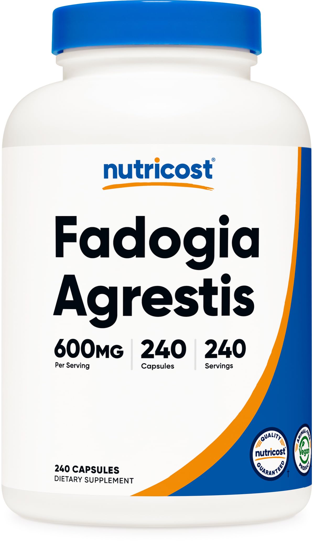 Nutricost Fadogia Agrestis bottle cap shows easy capsule dosing for daily use.