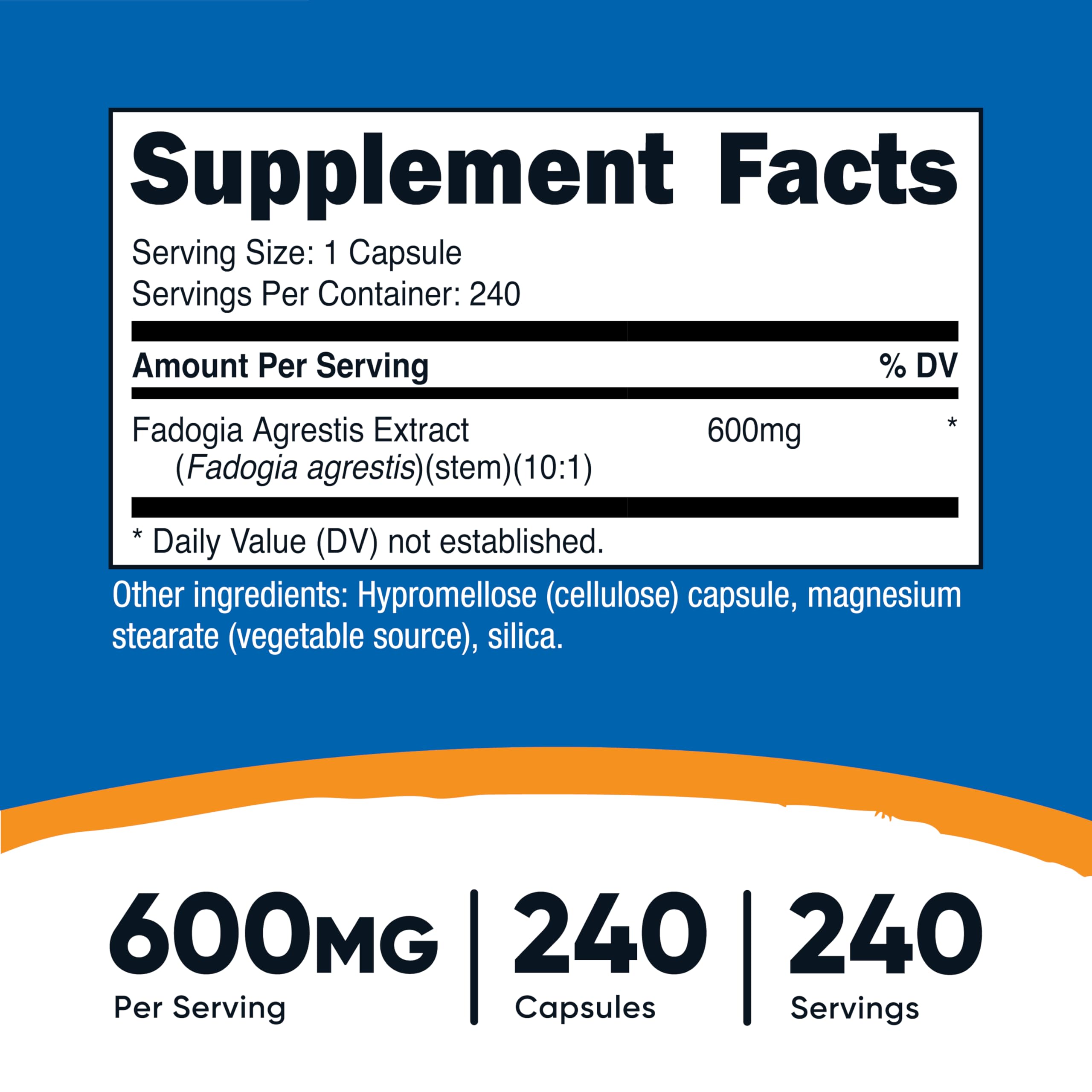 Nutricost Fadogia Agrestis capsules closeup emphasizes potency and compact serving.