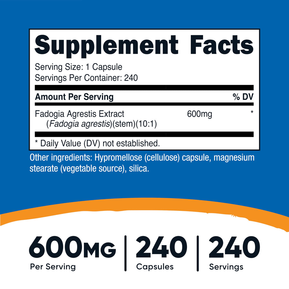 Nutricost Fadogia Agrestis capsules closeup emphasizes potency and compact serving.
