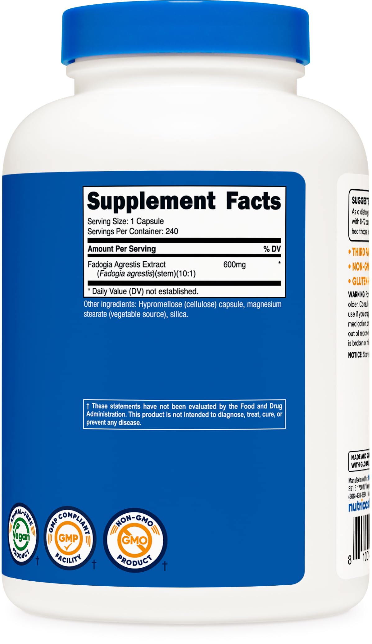 Nutricost Fadogia Agrestis facility seal underscores NSF certification and GMP compliance.