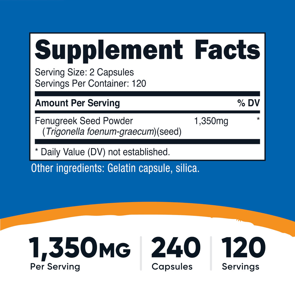 Close-up of Nutricost fenugreek capsules highlighting gluten-free formula