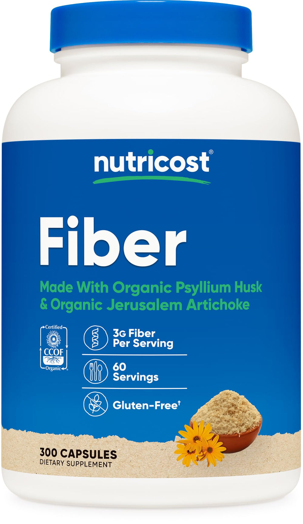 Nutricost Fiber Capsules bottle showing 60 servings for convenient daily fiber support.
