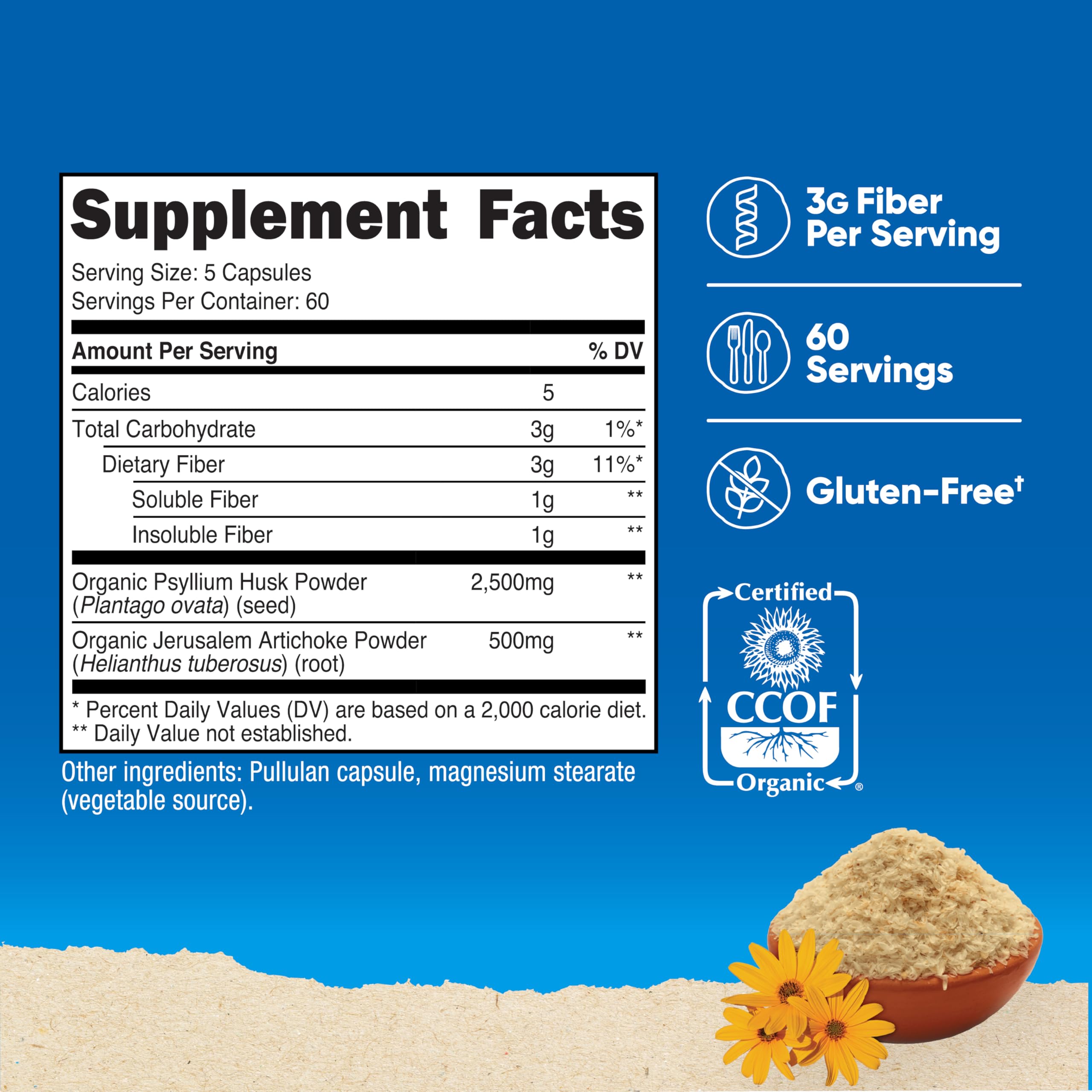 Nutricost Fiber Capsules label highlights organic, gluten-free, and non-GMO ingredients.