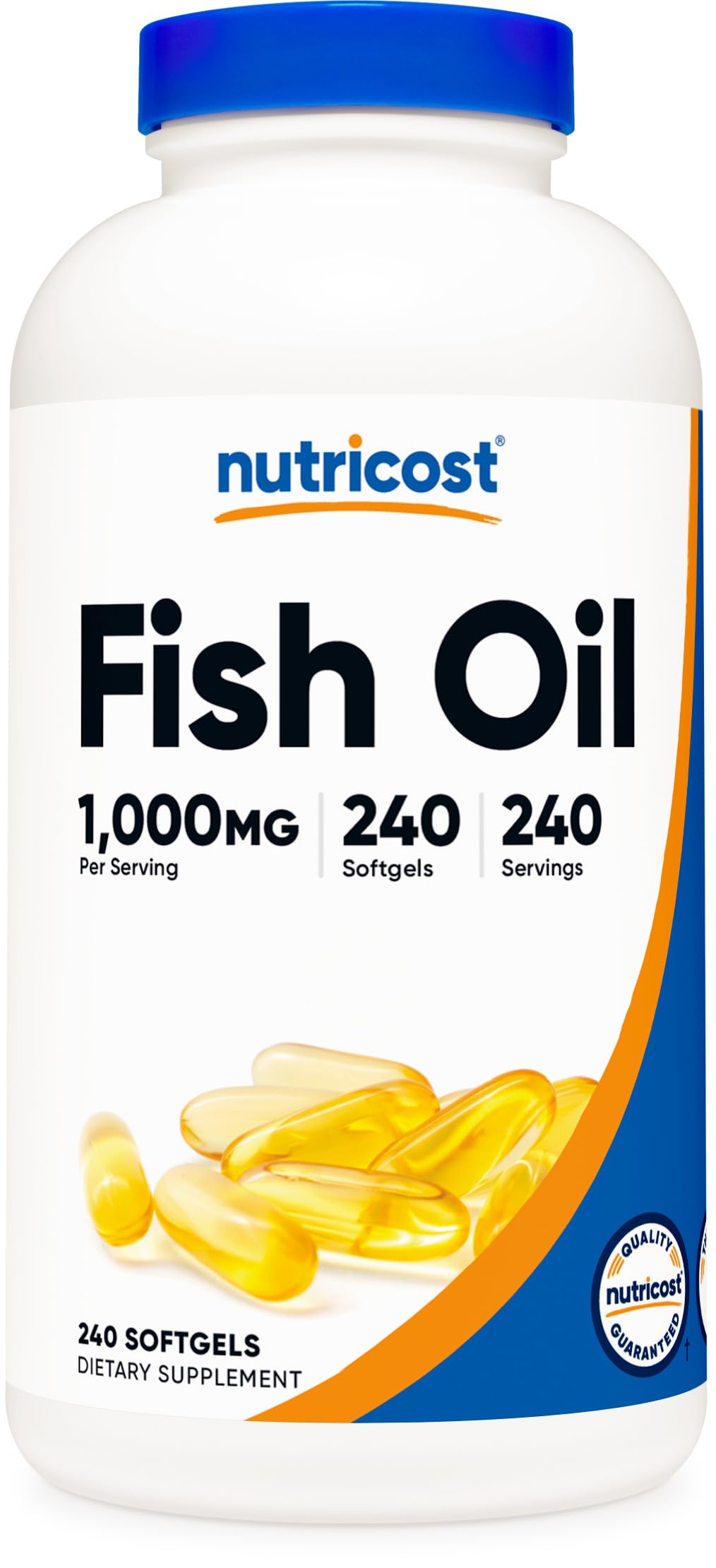 Nutricost Fish Oil softgel bottle with an eight-month supply.