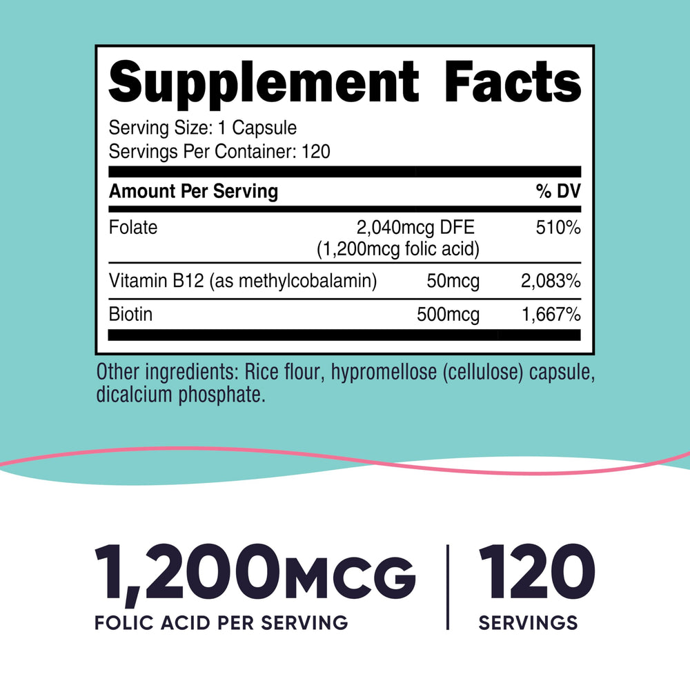 Nutricost Folic Acid for Women capsules close-up, 1200 mcg per capsule
