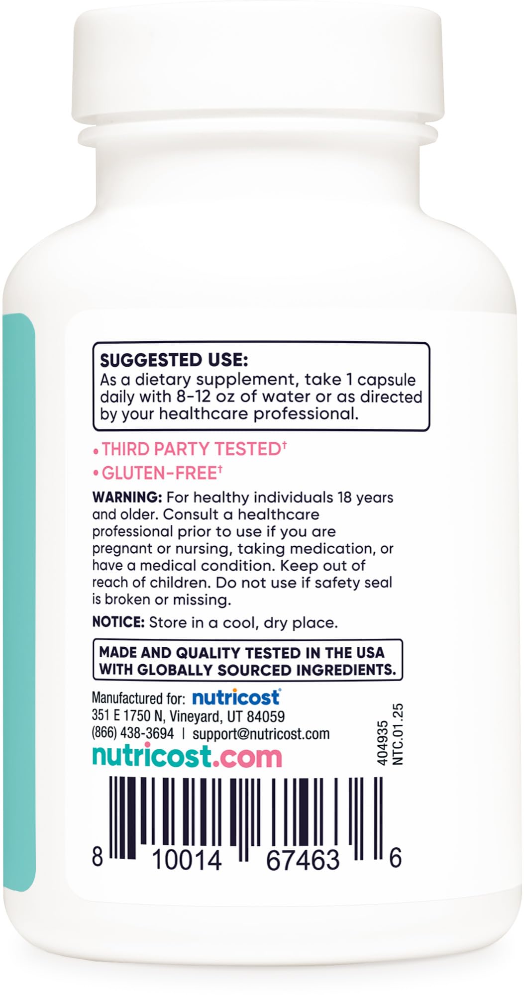 Nutricost Folic Acid for Women dosage guide on bottle, convenient daily use