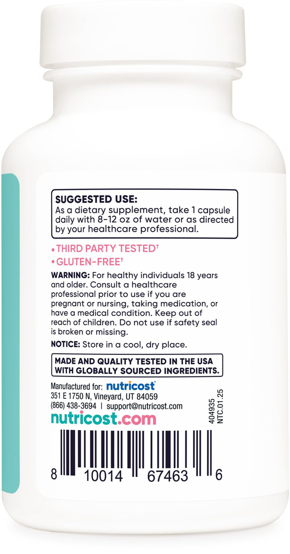 Nutricost Folic Acid for Women dosage guide on bottle, convenient daily use