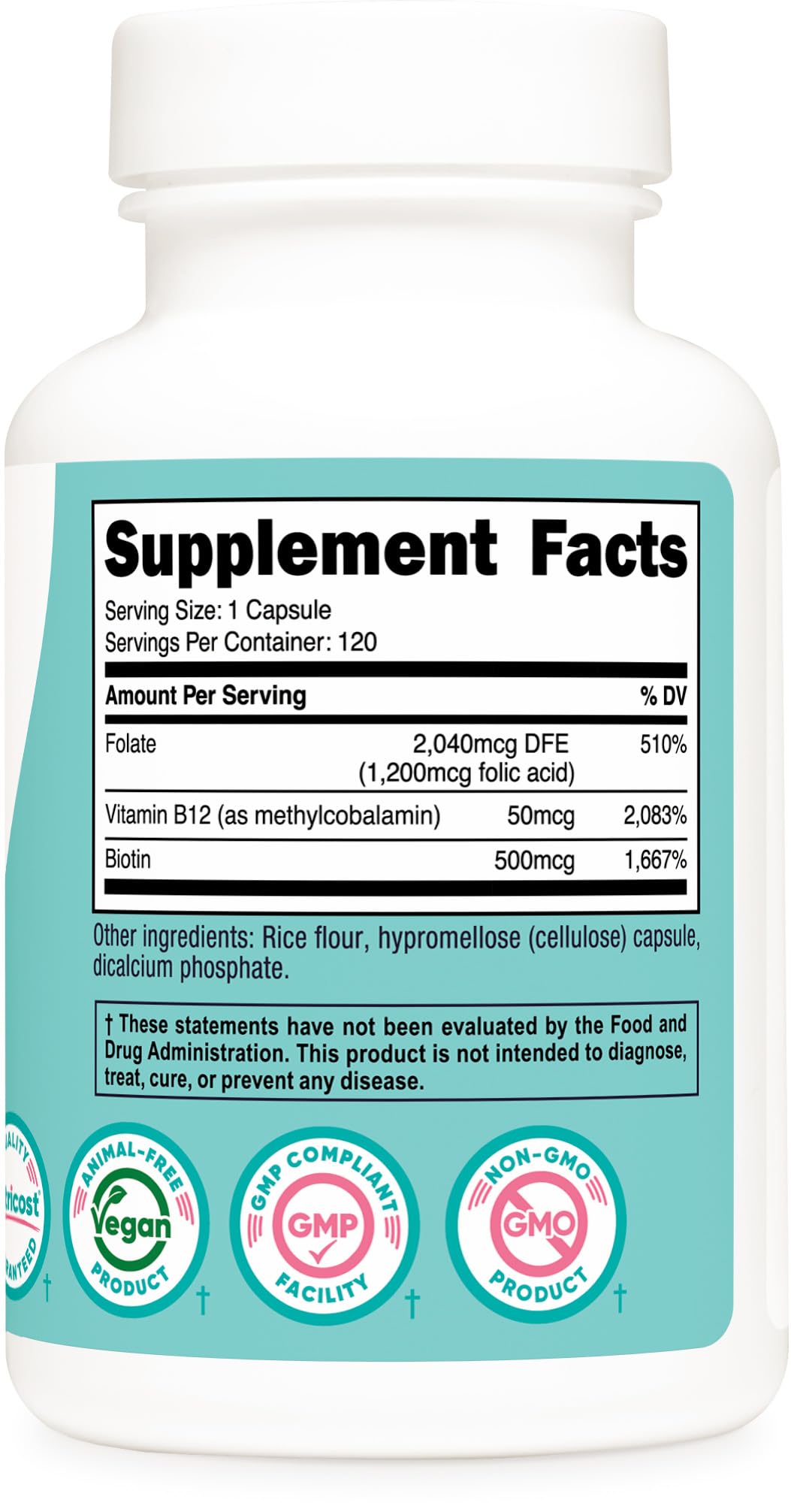 Nutricost Folic Acid for Women packaging, vegetarian, non-GMO, gluten-free