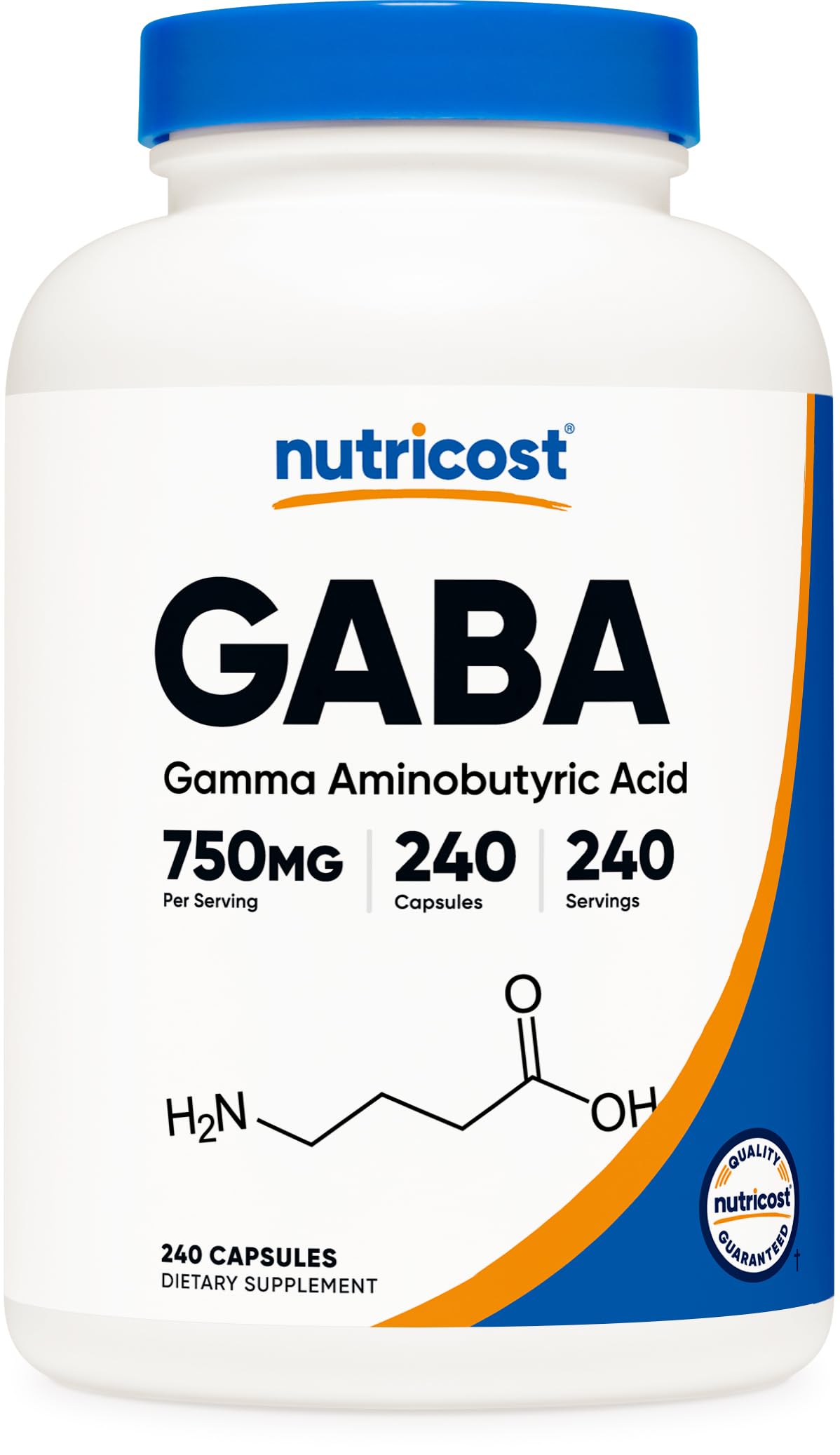 Nutricost GABA bottle front displays dosage and clean label for daily use
