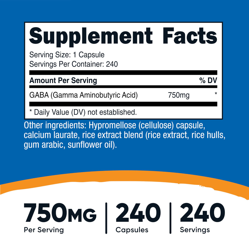 Nutricost GABA capsules closeup showing vegetarian capsules for routine use